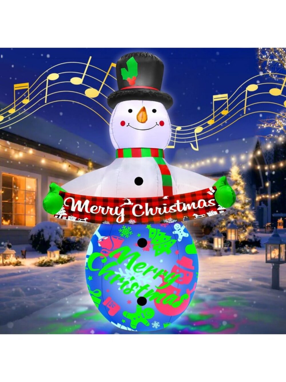 7FT Inflatable Snowman Christmas Decoration with Music & 360° LED Projector
